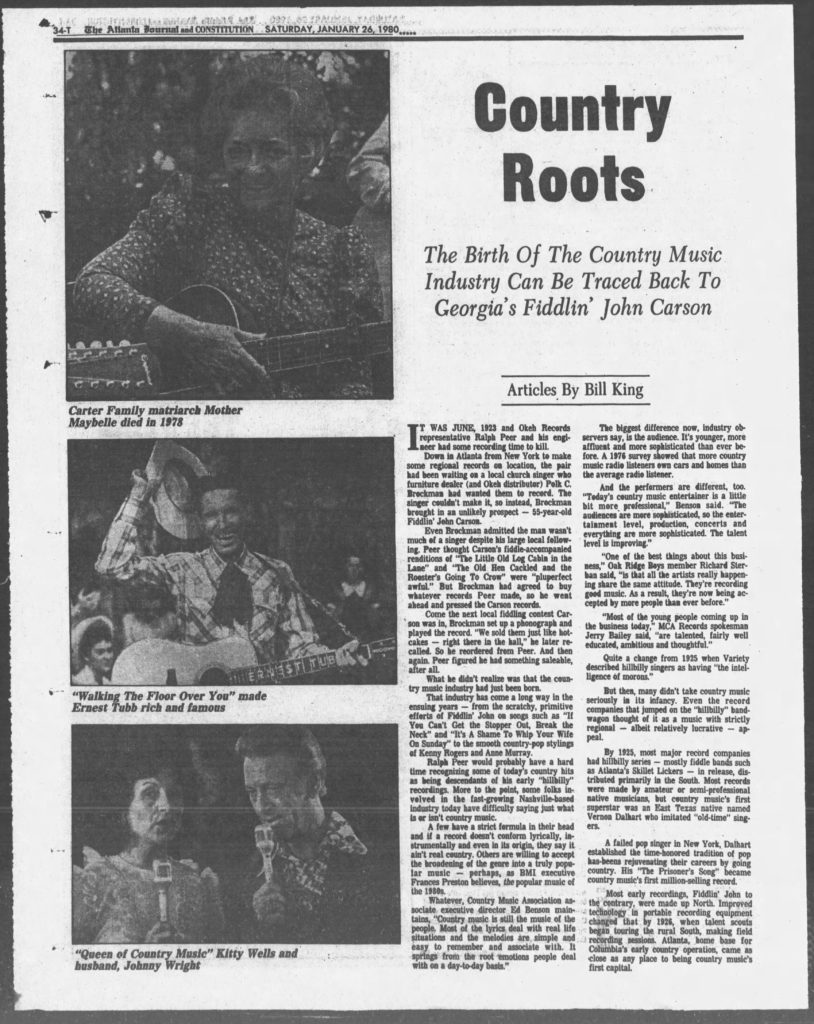 "Country Roots" article, Atlanta-Constitution, Jan. 26. 1980